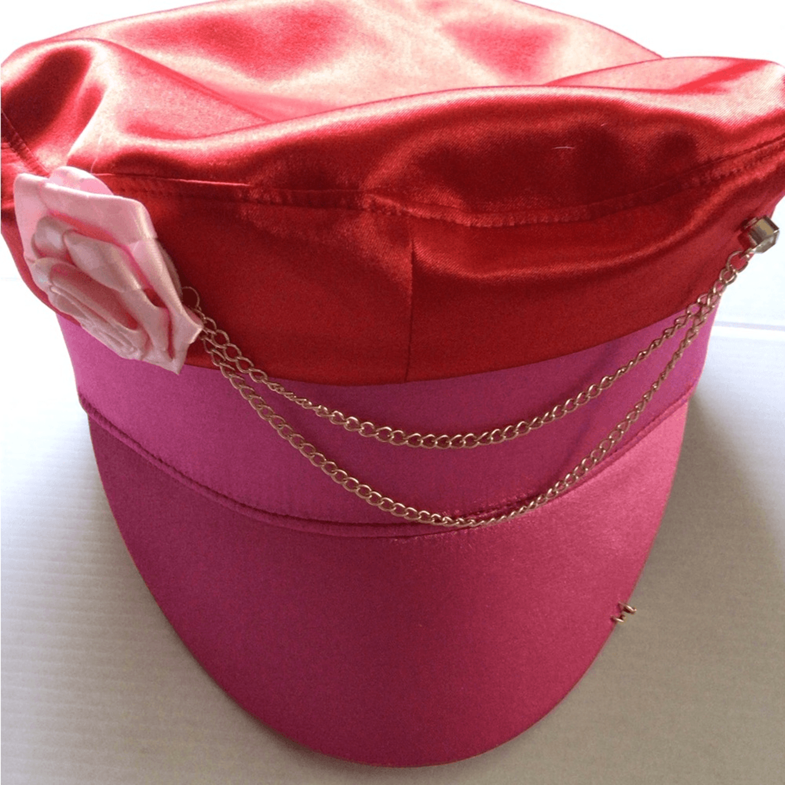 New! Rare Upcycled Satin Red And Pink Cap With Chain And Flower
